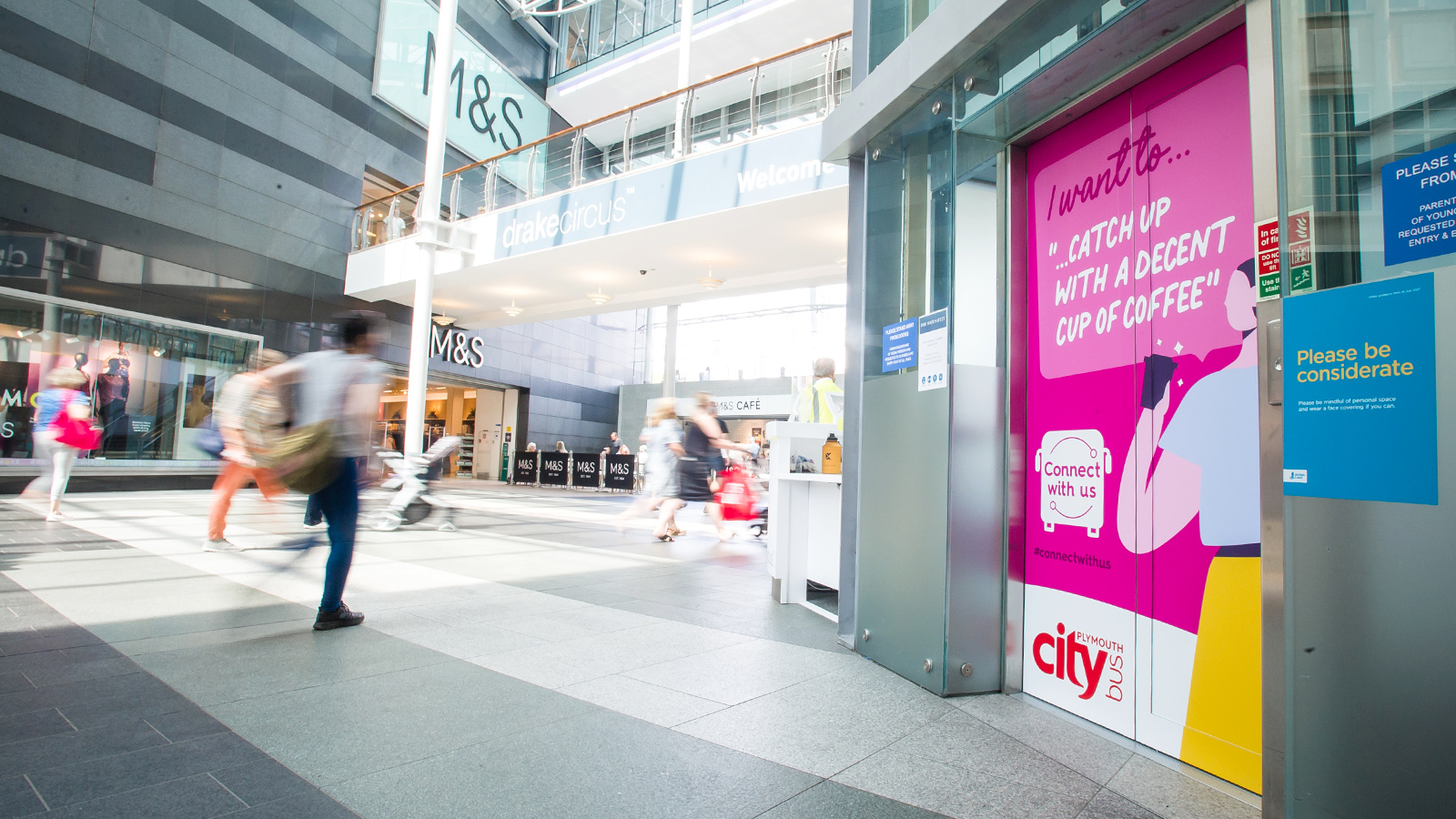 Plymouth Citybus Connect with Us campaign lift Drake Circus